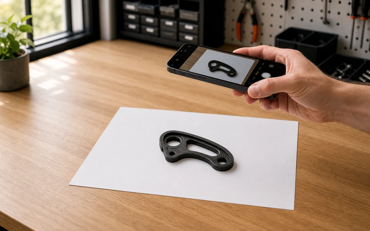 Hand holding a smartphone to photograph a small black tool part placed on a white sheet of paper on a workshop desk